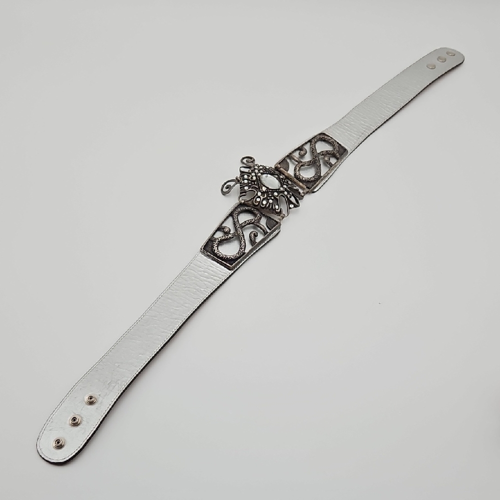 Silver Women's Leather Button Belt with Ornate Design 32" Length Designer